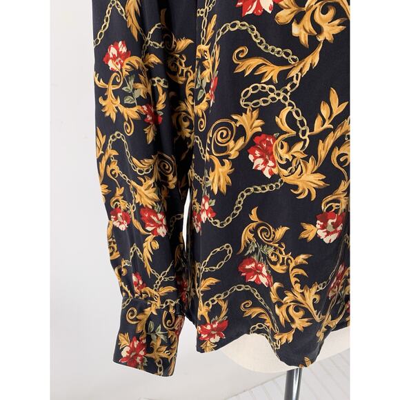 Vintage Silk Blouse Black Gold Key Baroque Chain Floral Print Top Saks 12 - Picture 5 of 14